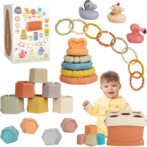 5 in 1 Montessori Baby Toys for 6-48 Months - Stacking Cups, Rings, Soft Animals, Blocks Set for Toddlers 1-3 Years