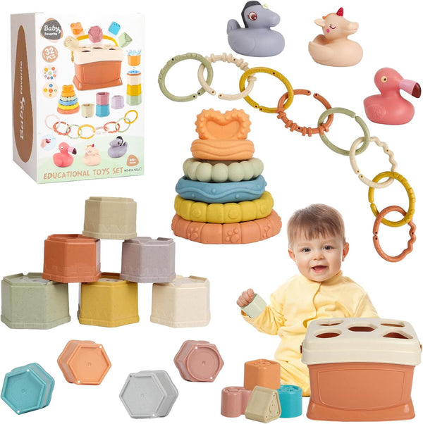 5 in 1 Montessori Baby Toys for 6-48 Months - Stacking Cups, Rings, Soft Animals, Blocks Set for Toddlers 1-3 Years