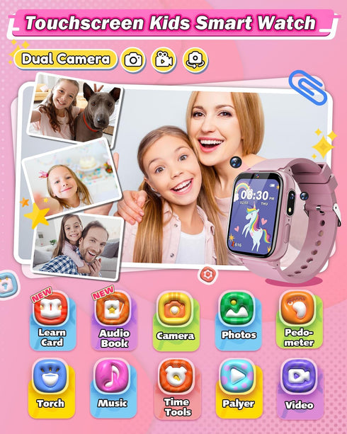 Kids Smart Watches for Girls Age 6-8 - HD Touchscreen, Dual Cameras, 26 Games, Birthday Gifts for Ages 5-9