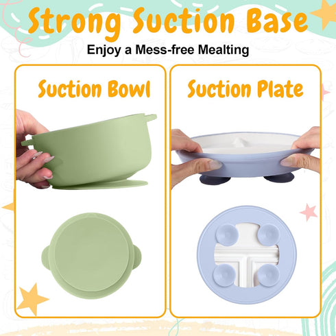 9 Set Teenyyou Pcs Porcelain Kids Plates and Bowls Feeding with Suction, Ceramic Baby Toddler Divided Plates Silicone