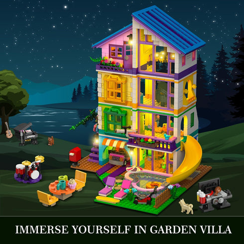 Set 1317 4 8-14+ HOGOKIDS Girls House Building with LED Light - PCS Friends Villa Block Toy with Car and Pool, Garden