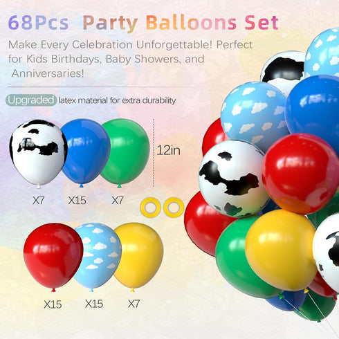 OuMuaMua Toy Inspired Story Party Decorations, 68Pcs Cartoon Balloons with Cow Print for Kids Farm Birthday (12 Inch)