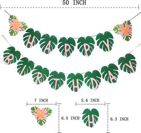 OU RUI Hawaiian Party Happy Birthday Banner, Tropical Luau Party Palm Leaf Decorations