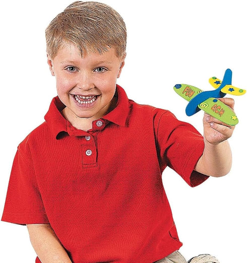 12 Pack 229 3+ Fun Express Foam Airplanes for Kids - DIY Glider Plane Craft Kit with Stickers | Airplane Party Favors