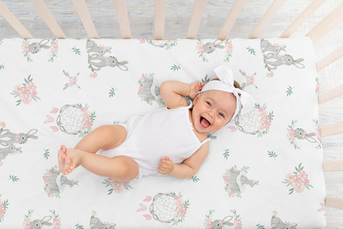 Sweet Jojo Designs Blush Pink and Grey Woodland Boho Dream Catcher Arrow Girl Baby Crib Sheet for Gray Bunny Floral