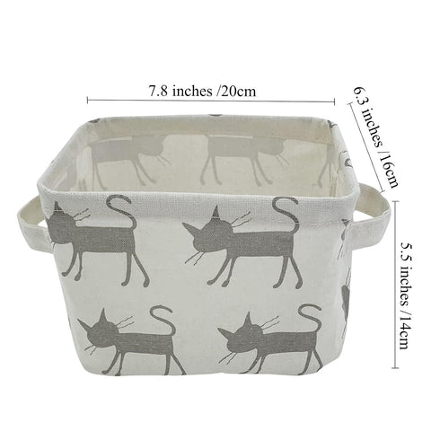 Mziart Small Foldable Canvas Storage Basket with Handles, Cotton Linen Organizer for Nursery Kids Shelves, Grey Cat