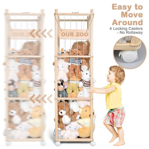 BENCHRY Bedroom-54 Inch Stuffed Animal Storage, Wooden Cute Zoo Toy Holder with Brake Wheels, Space Save Toy Organizer