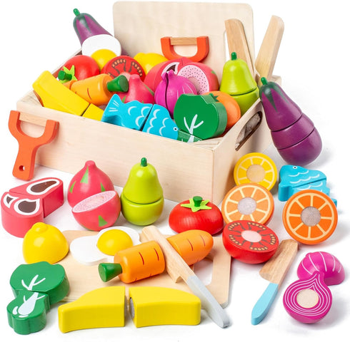 32 Pcs Wooden Play Food Sets for Kids Kitchen Accessories, Montessori Educational