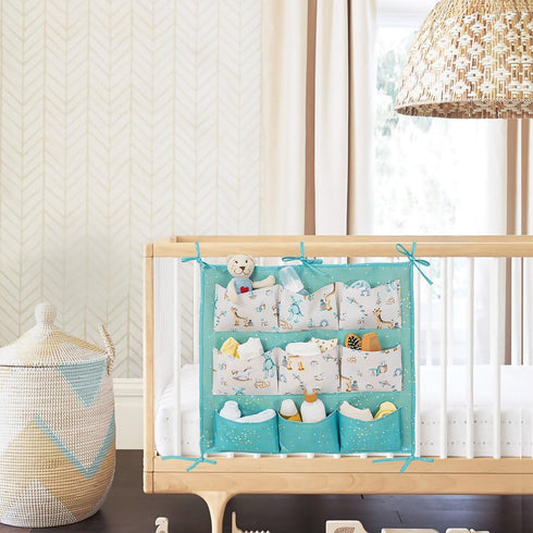 Baby Crib Side Organizer, Portable Tote Bag for Changing Table, Nursery Storage Bin (Blue)