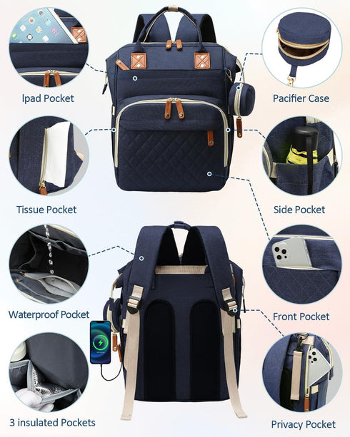 GLIXAVIA Backpack 15+ Backpack Diaper Bag with Changing Pad Large Capacity Baby Bag, Pockets, USB Port, Waterproof