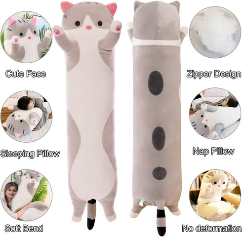 Giant Cat Pillow Plush, Gray 110cm/43.3inch, Cuddly Soft Cartoon Kitty Sleeping Hugging Doll Toy for Kids