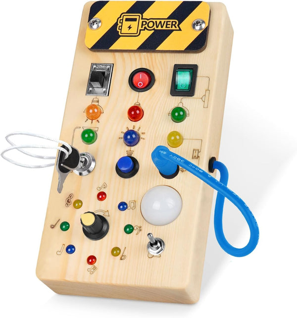Montessori Toddler Busy Board, Baby Wooden Board with 8 LED Light Switches for 1+ Year Olds