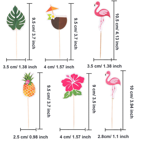 Luau Cupcake Toppers | Tropical Cake Decorations with Flamingo, Pineapple, Palm Leaves | 72 Picks
