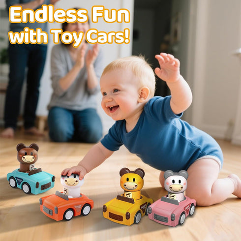 1-3, 1-2 Girl,1st Set 6-9-12-18 Press to Go Car Toys for Toddlers Animal Baby Car Toys for Years Old Boy Birthday Gift