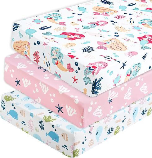 PHF 3 Pack Soft Mermaid Crib Sheets Fitted, Silky Comfy Breathable Baby