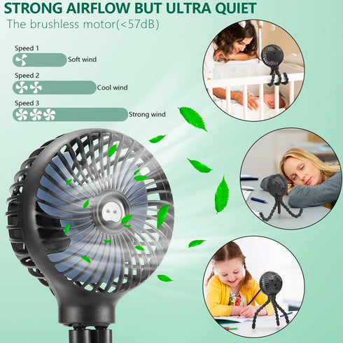 snawowo Mini Handheld Personal Portable Fan, Baby Stroller Fan, Car Seat Fan, USB or Battery Powered, with Flexible