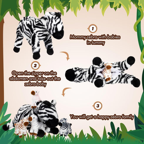 Hollowfly 5 Set 12.6" Mommy 4 Pcs Zebra Plush Toy Gift Zebra with Cute Babies Stuffed Animal in Zippered Belly