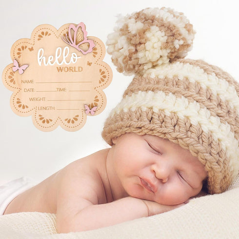 lasuroa Hello World Newborn Announcement Sign, Butterfly Wooden Newborn Sign Personalized Baby Name Plaque Birth