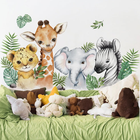 52.51x23.62 Inch Watercolor Jungle Animal Wall Decals Safari Forest Animal Wall Sticker Elephant Lion Monkey Decals