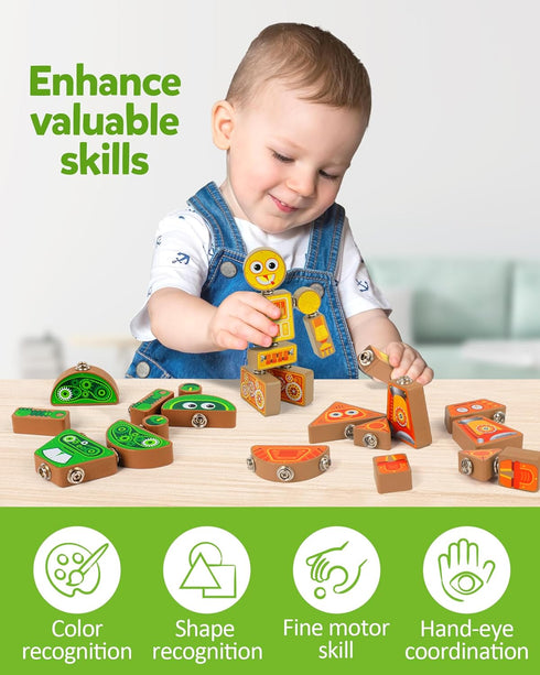 Playset, 3 4 5 Coogam Snap Together Robot Builders for Toddlers, Wooden Take Apart Robot Build Block Fine Motor Skill