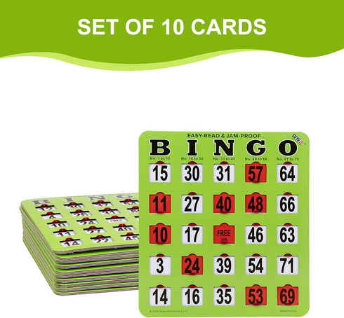 10-Pack GSE Games & Sports Expert Fingertip Shutter Slide Bingo Cards, Reusable Easy-Read Green Jumbo Bingo Game Cards