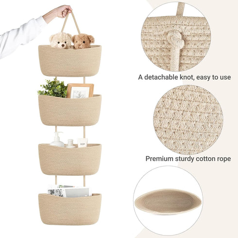 4-Tier Dahey Over The Door Hanging Basket Woven Boho Wall Mounted Storage Organizer with Hooks for Bedroom Nursery