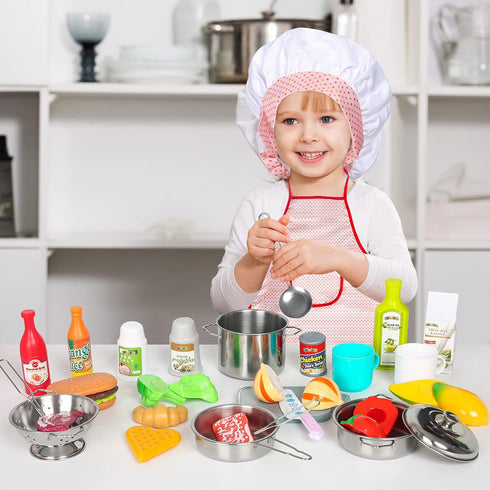 37PCS Playset Sets Shimirth Pretend Play Kitchen Accessories, Kids Kitchen Stainless Steel Play Pots and Pans for Kids