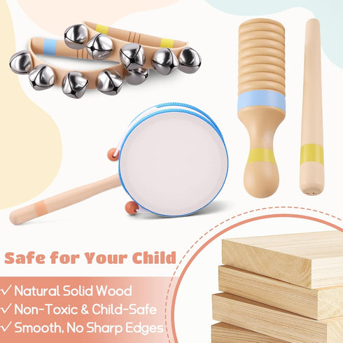 MGparty 13, Set Baby Musical Instruments for Toddlers Montessori Wooden Music with Drum Flute Clarinet Bells Cymbals