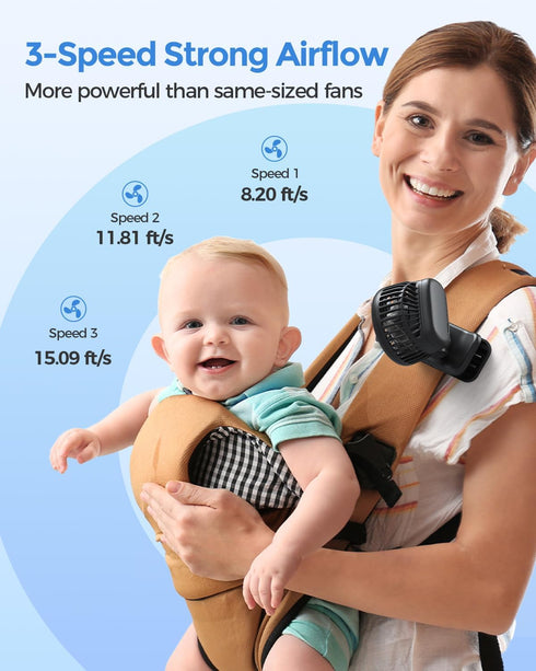0.24 lb, 3-Speed Mini Baby Fan with Clip for Carrier Stroller, Baby Essentials, Ultra Light Safe Gaps, Rechargeable