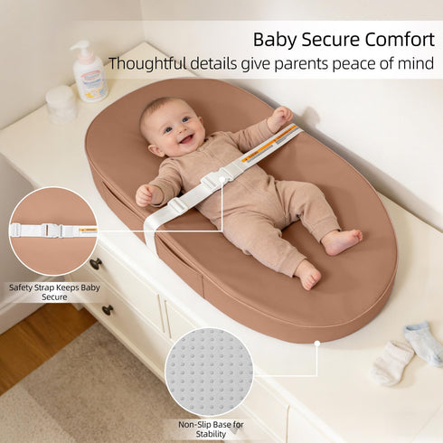 Baby Changing Pad, Waterproof Vegan Leather Wipeable Diaper Changing Pad with Safety Strap Non-Slip Changing Mat
