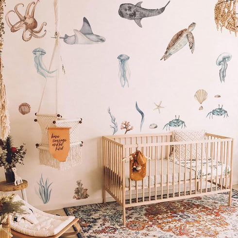 QUCHENG Ocean Wall Decals Marine Animal Boys Bedroom Large Stickers Removable Whale Decor Nursery Kids Room Murals DIY