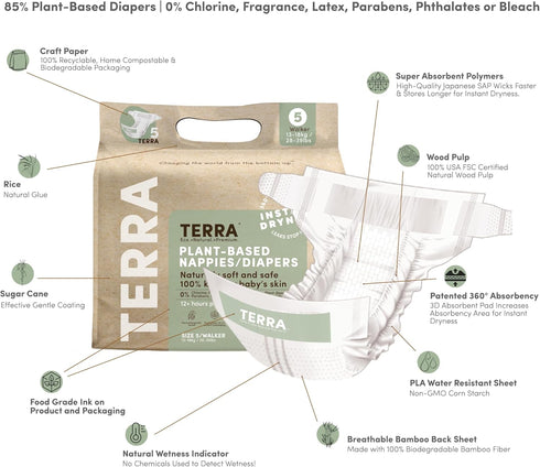 5: 85% 28-39 16 Count Terra Diapers Size Plant-Based Diapers, Ultra-Soft & Chemical-Free for Sensitive Skin, Superior