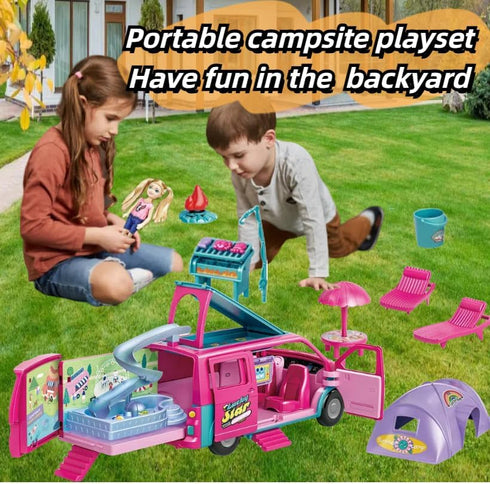 Doll Camper Van Playset for Girls, Portable Doll Car Play with Doll Furniture, Pool & Accessories