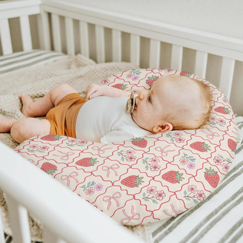 Summer Boho Strawberry Flowers Baby Nursing Pillow Covers for Girl Strawberries Pink Bows Checkerboard Nursing