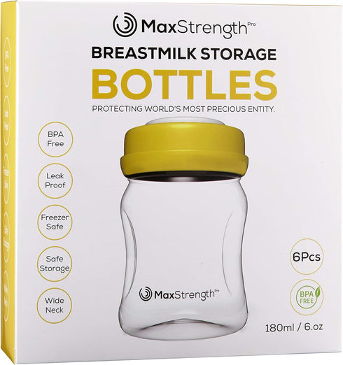 6pc Set 6.oz 180ml Breastmilk Bottles with Leak Proof Lids by Max Strength Pro, Reusable Wide Neck Bottles Best