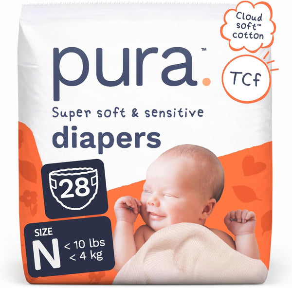 Pura Newborn Baby Diapers - Size N (Up to 10 lbs), 28