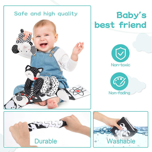 3 Pcs Car Seat Toys for Babies 0-6 Months, Black and White Hanging Rattle Toys for Crib Mobile, Infant Sensory