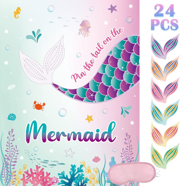 WERNNSAI Pin The Tail on The Mermaid Game - Mermaid Party Decorations with 21'' x 28'' Poster & 24 Pcs Tail Stickers