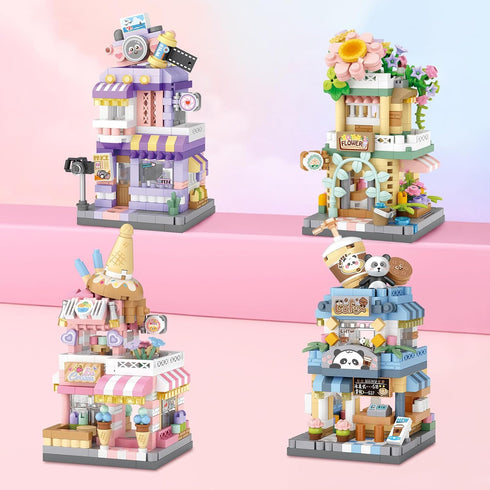 MEIEST 4 Set,Simulation Mini City Shop Street View Building Blocks Model Architecture Collection Particle Construction