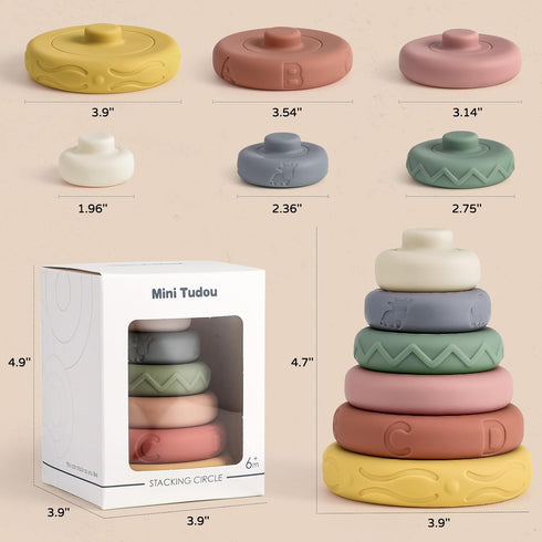 Mini Tudou 6 Pcs Stacking & Nesting Circle Toy, Soft Building Rings Stacker & Teethers for 6+ Months Boys & Girls