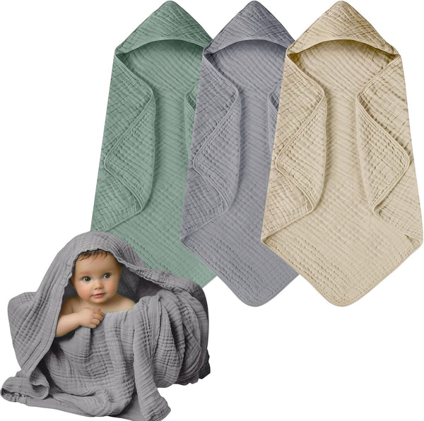 Muslin Hooded Baby Towels, 3 Pack Cotton Baby Bath Towels with Hood
