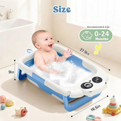 0-24 Foldable Baby Bathtub, Lightweight Bathtub for Infants to Toddlers with Soft Cushion & Thermometer, Portable Baby