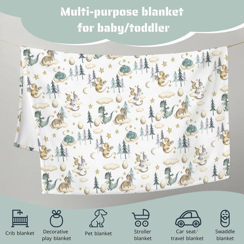 Watercolor Cute Dragon Fairy Tale Baby Blanket for Boy Gift, Cloud Moon Star Dragons Egg, 30 x 40