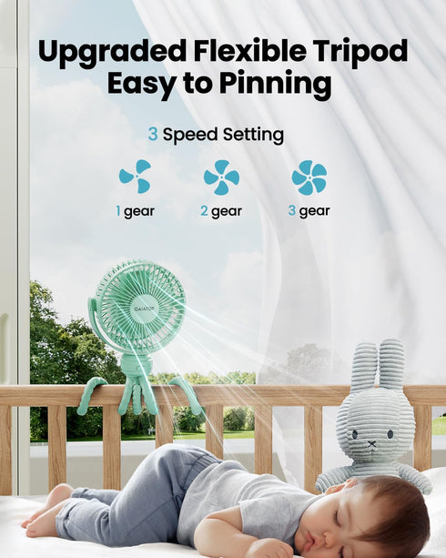 3 360 Gaiatop Mini Portable Stroller Fan, Battery Operated Small Clip on, Detachable Speed Rechargeable, Rotate
