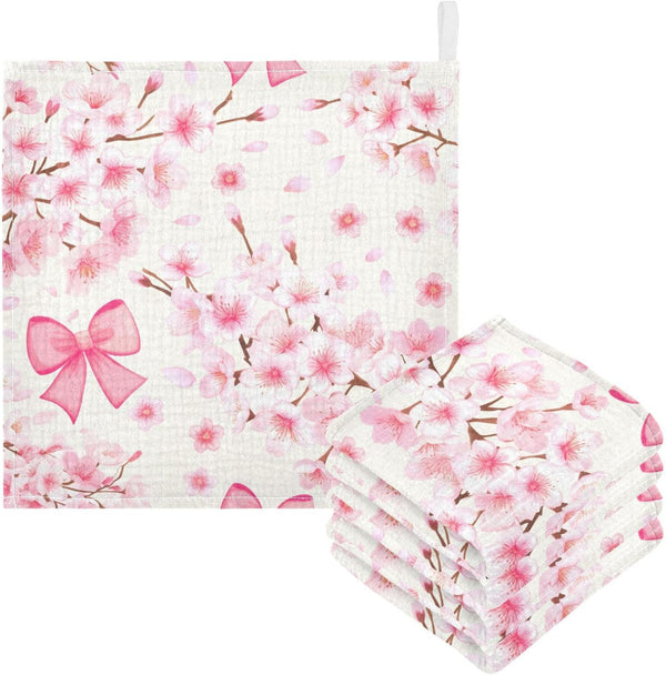 Nander 3Pack Baby Muslin Washcloths,Cherry Blossoms and Bows Soft Face Cloths for Newborn,