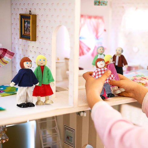 Wooden Dollhouse Family Set of 7, Mini Figures for Pretend Play, Classic Doll House Accessories for Kids & Toddlers