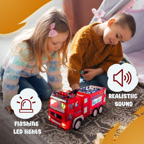 Zetz Brands Fire Truck Toy for Kids, 4D LED Lights, Bump & Go Fire Engine with Siren Sound, Ideal Birthday Gift