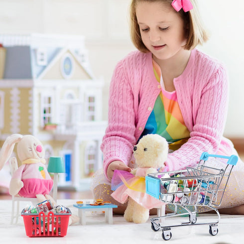 134pcs Mini Shopping Cart Basket, Miniature Food Drink Bottle Supermarket Metal Handcart Toys for Dollhouse Supplies