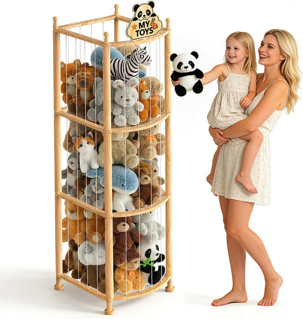 PPJOKERBOY Stuffed Animal Storage Organizer, Wooden Plush Storage Tower with Elastic Cords, Space-Saving