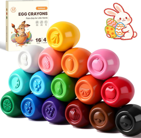 Egg Crayons for Toddlers 1-3, 16 Colors Jumbo Easy-Grip Crayons with Anti-Roll